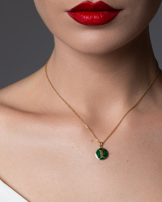 18K gold necklace with a green emerald stone, Gemini
