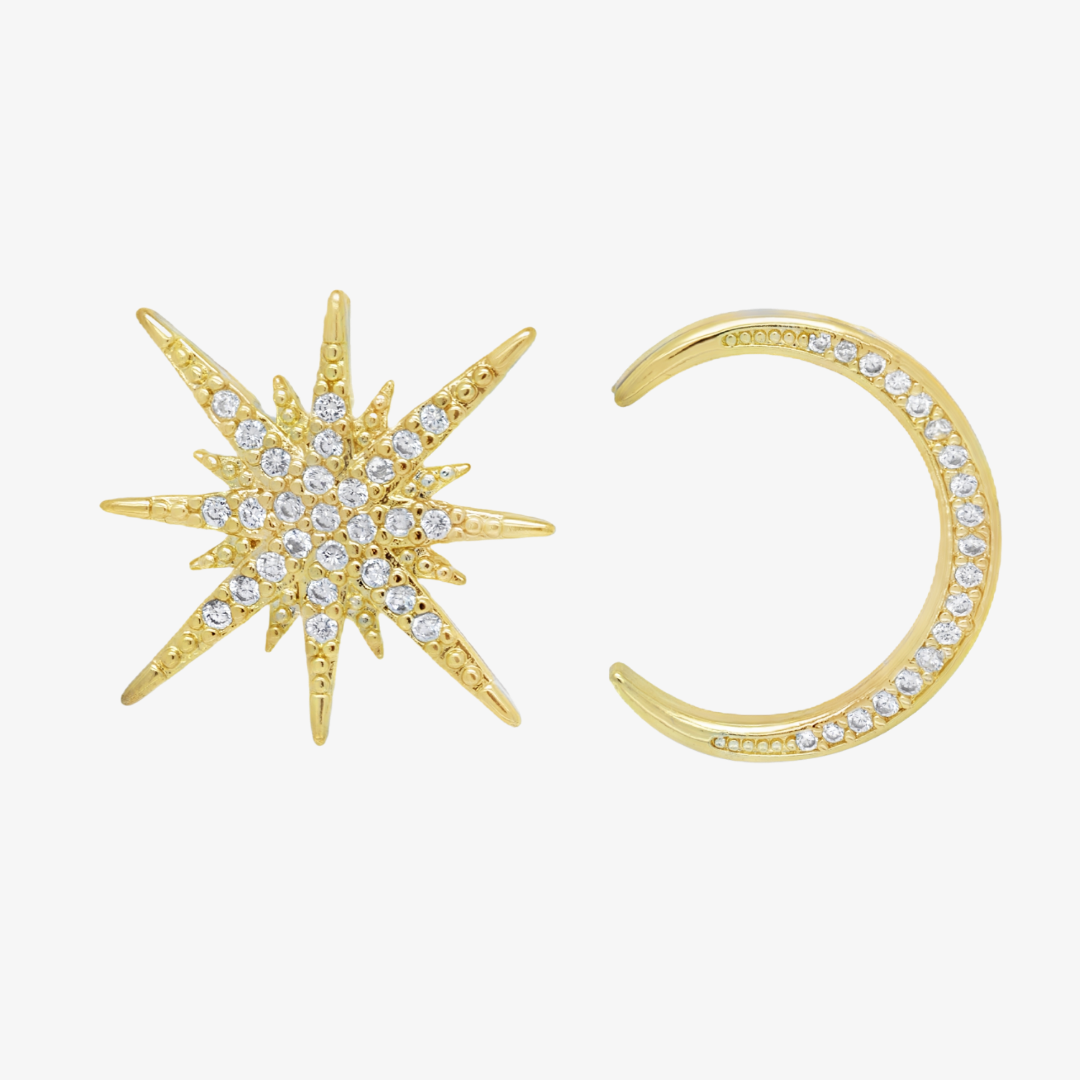 Moon and sun star earrings studded with lab diamond