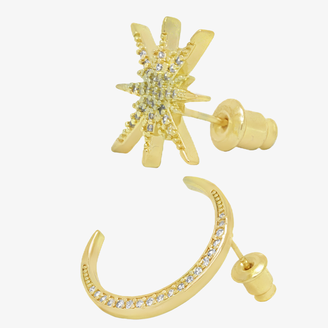 Moon and sun star earrings studded with lab diamond